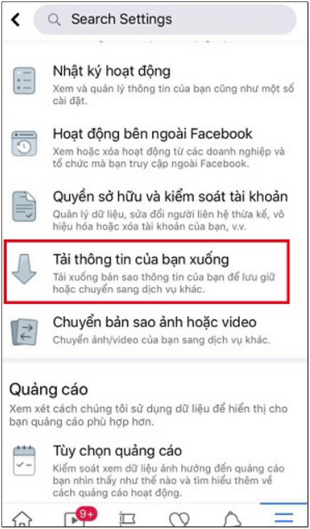 Tìm đến mục Tải thông tin của bạn xuống