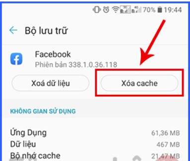 Nhấp vào mục Xóa cache