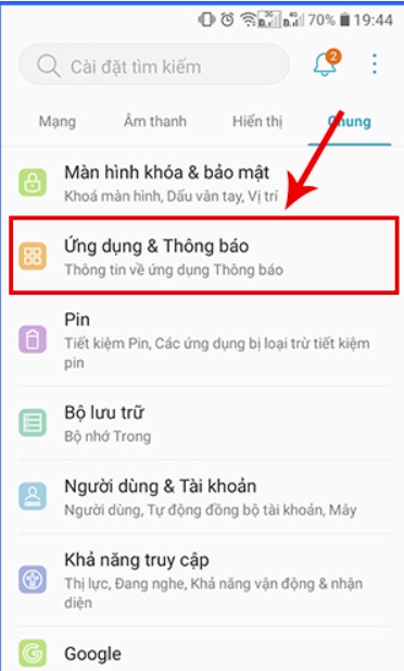 Nhấp vào ứng dụng & thông báo