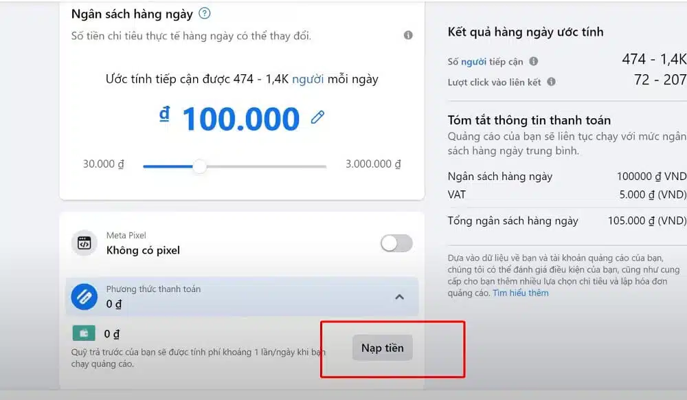 Nạp tiền cho quảng cáo