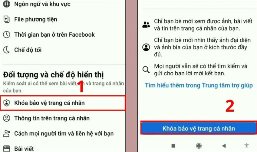 tìm và chọn mục "Khóa bảo vệ trang cá nhân"